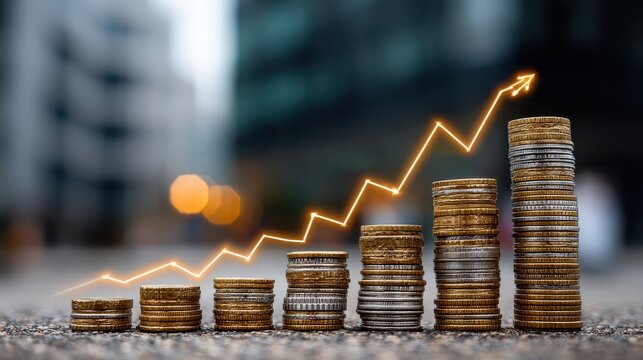 Swiss economy growth shown with red columns representing increasing financial data with stacked coins indicating wealth and financial markets data
