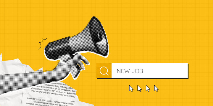 Trendy Halftone Collage Online Hiring. Hand with megaphone and search bar. Job search on internet. Career opportunity. Remote work. Offer about new vacancy. Contemporary vector illustration art