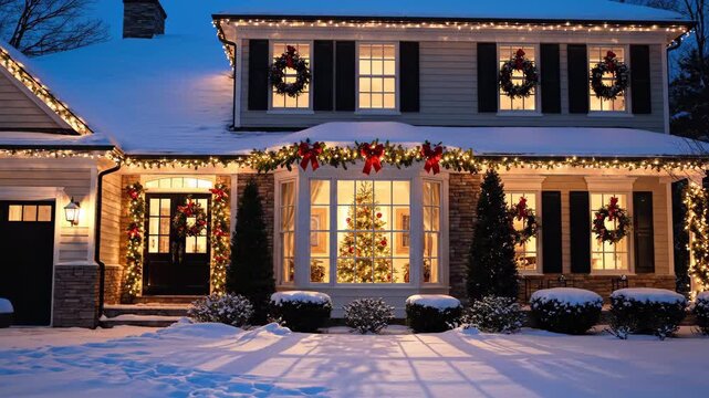 Festive house decorated with christmas lights in snow at night. Suburban home exterior with wreaths and glowing tree for winter holiday season