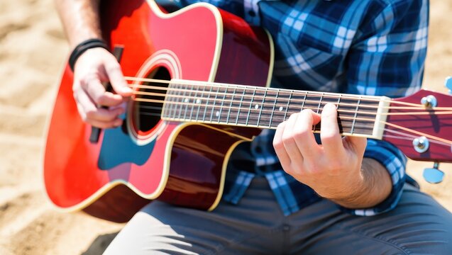 Man playing acoustic guitar on the beach with a red body and strings