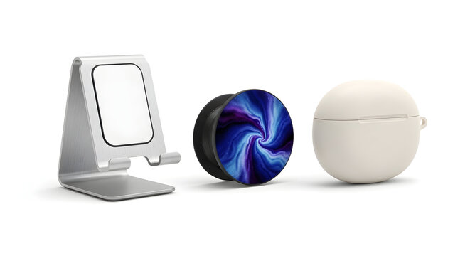 Smartphone accessories on white background phone stand