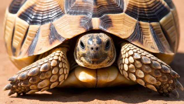 Closeup of a cute tortoise with a patterned shell looking at the camera
