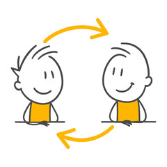 Two employees in a cyclical interaction cheerfully carrying out a continuous feedback and information exchange process.