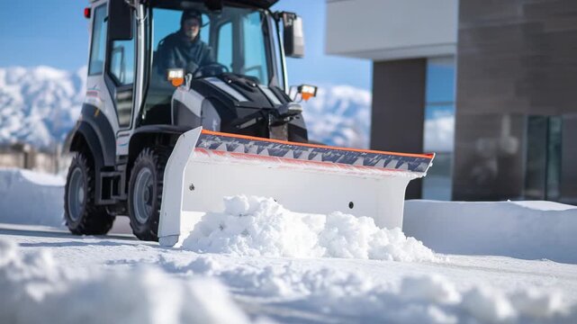 115Heavy-duty snow removal equipment close-up, wheels gripping icy surface as the front auger clears compacted frost