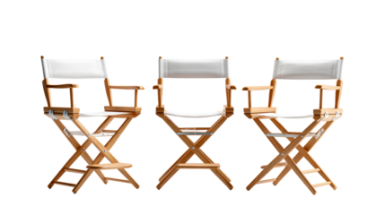 Three wooden director chairs with white fabric seats, cut out transparent
