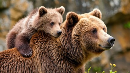 Obraz premium A brown bear mother carrying her cub on her back in nature