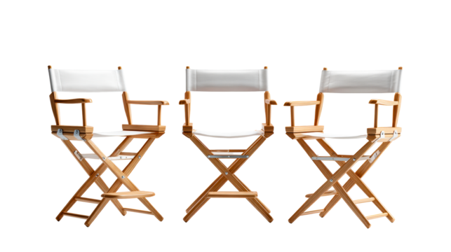 Three wooden director chairs with white fabric seats, cut out transparent