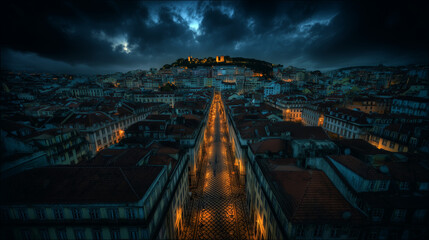 Colorful tiled rooftops in Lisbon with historic street layout