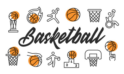 Basketball poster. Basketball poster design with Ball, Hoop, Player, Trophy, and Podium icons. Simple poster for presentations, covers. Banner template. Vector illustration.