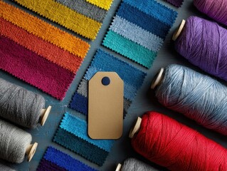 Colorful Textile Swatches and Yarn Spools Flat Lay: Assorted Fabric Samples with Blank Tag Mockup on Teal Wood Surface for Creative Design Projects and Textile Industry Visuals