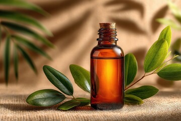 Essential oil in amber bottle surrounded by green leaves on a beige background creates a natural and calming scene