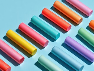 Vibrant Array of Colorful Cylinders on Light Blue Surface: Playful Pattern with Bold Tones and Abstract Design for Modern Backgrounds