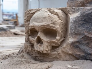 Sandy Skull Carving Embedded Beach Sand Stone Sculpture Human Cranium Shape Outdoor Artwork Abstract Coastal Environment