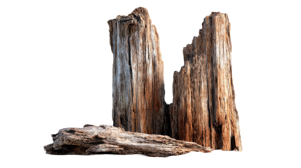 Weathered old driftwood stumps with textured surface, cut out transparent
