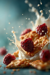 Müsli, Kekse,  Milch und Himbeeren im Spritzmoment- Frühstücksidee