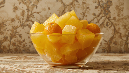 Cubes of fresh pineapple and orange segments mixed together in a clear glass bowl