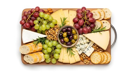 Top view of a charcuterie board featuring cheese, grapes, and olives, isolated against a white backdrop