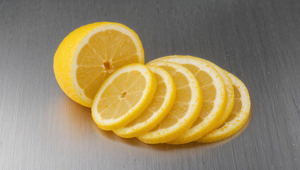 A bright yellow lemon, freshly cut into thin slices, fanned out on a reflective stainless steel surface