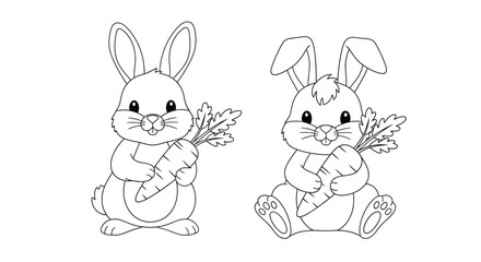 Two adorable rabbits holding carrots and leafy greens in a drawing