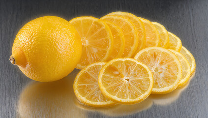 A bright yellow lemon, freshly cut into thin slices, fanned out on a reflective stainless steel surface