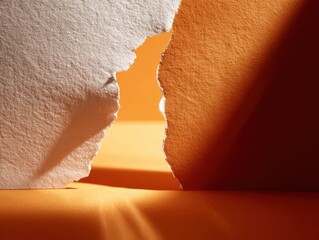 Abstract Paper Art Two Textured White And Orange Paper Sheets Standing Upright Gap Between Illuminated By Warm Light Creating Shadows Geometric Forms