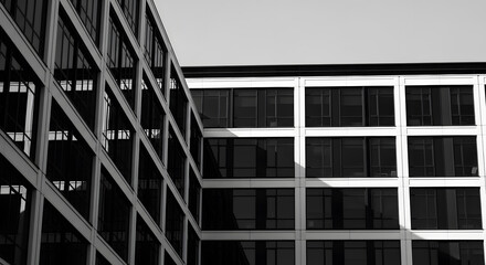 Striking black and white photograph capturing the modern geometric architecture of contemporary city buildings