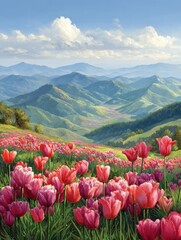 springtime mountain vista a breathtaking landscape unfurls showcasing a vibrant field of blooming tulips in the foreground drawing the eye to rolling green hills