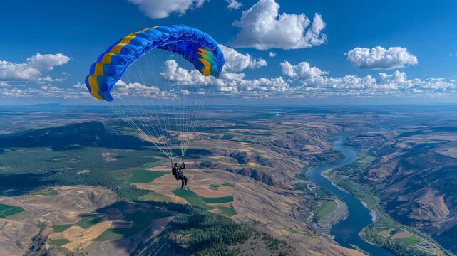 155Skydiver suspended beneath a vibrant parachute, soaring above patchwork fields and winding rivers, sunlight glinting off clouds below