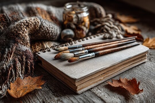 Woman's hand paints autumn leaves with watercolors in a sketchpad on a rustic wooden table with paintbrushes and a watercolor palette nearby