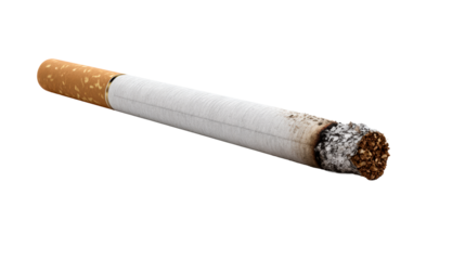 Burning cigarette with ash and loose tobacco, cut out transparent
