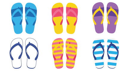 Colorful collection of summer flip flops arranged on a white background