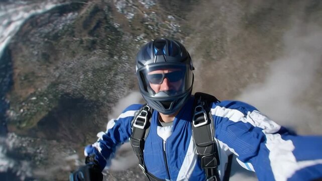 156Close-up of skydiver mid-freefall with parachute deploying, clouds swirling around, dramatic perspective of earth below