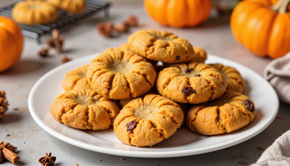 Pumpkin cookies arranged on a white plate with autumn decorations  