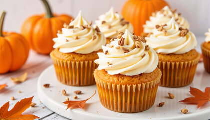 Pumpkin cupcakes with cream frosting and nuts on a white plate  