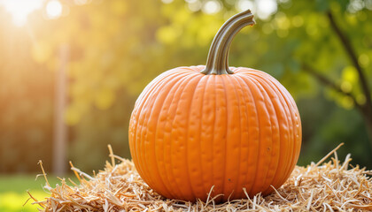 Fresh orange pumpkin on straw in autumn sunlight  
