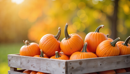 Fresh pumpkins stacked in wooden crate against autumn backdrop  