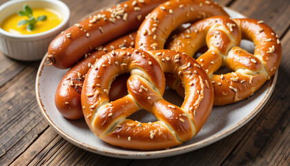 Freshly baked pretzels and sausages with mustard on wooden table  