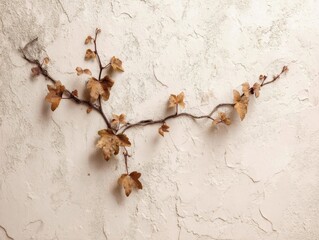 Dried Vine With Autumn Leaves Against Textured Beige Wall Decorative Organic Element On Rustic Plaster Surface Seasonal Foliage Decor