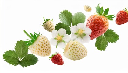 Whole And Half White Strawberry Or Pineberry Berries With Flowers And Leaves Flying Falling Isolated On White Background