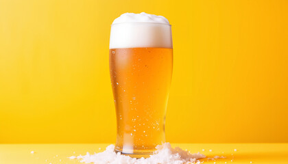 Glass of beer with foam and salt on yellow background  