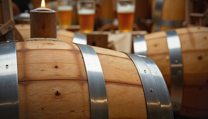 Wooden barrels with beer glasses in rustic brewery setting  