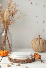 Autumnal still life with pumpkins, wood slices, and decorative elements