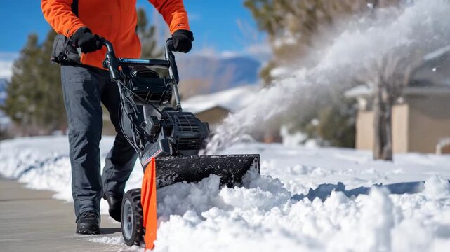 166Detail shot of hands gripping snow blower handles, worker in orange jacket, icy snow flying outward on a quiet residential sidewalk