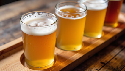 Beer flight served in glasses on wooden tray in rustic setting  