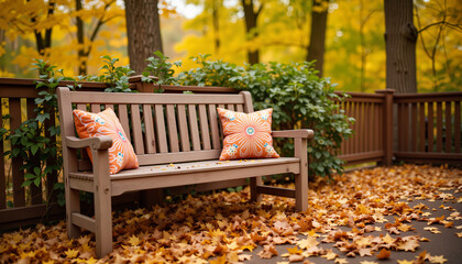 Wooden bench with orange pillows surrounded by autumn leaves  