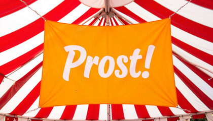 Orange banner with "Prost!" text under striped tent ceiling  