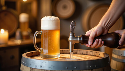 Beer being poured from tap into glass on wooden barrel background  