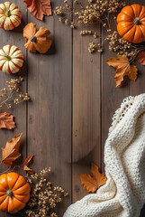 Cozy autumn still life with pumpkins, flowers, and a warm knitted blanket, mockup, product mockup