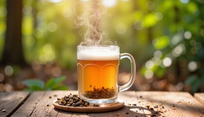Beer mug with steaming beverage on wooden table in forest setting  