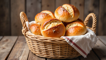 Freshly baked bread rolls in a wicker basket on wooden table  